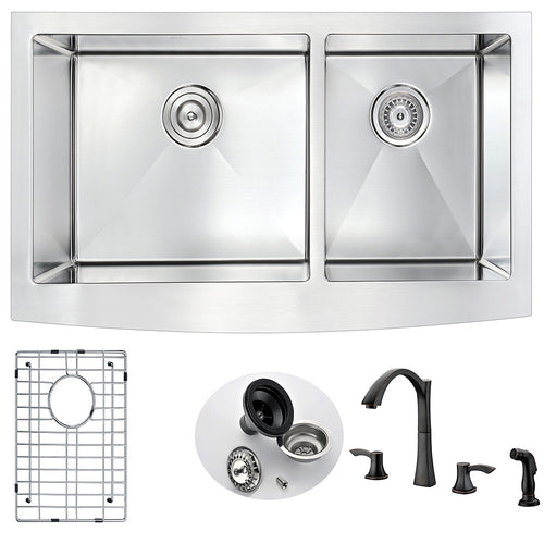 Elysian Farmhouse 36 in. Double Bowl Kitchen Sink with Soave Faucet in Oil Rubbed Bronze- Anzzi
