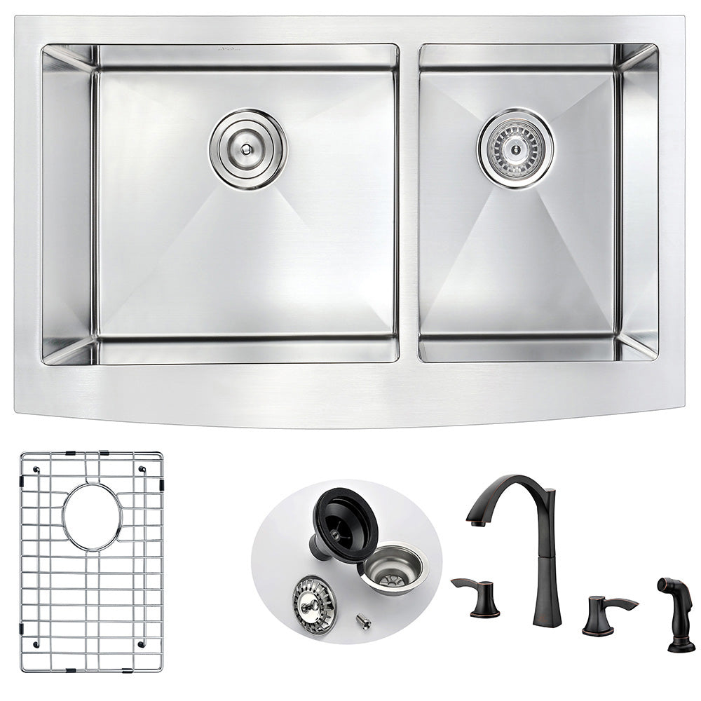 Elysian Farmhouse 36 in. Double Bowl Kitchen Sink with Soave Faucet in Oil Rubbed Bronze- Anzzi