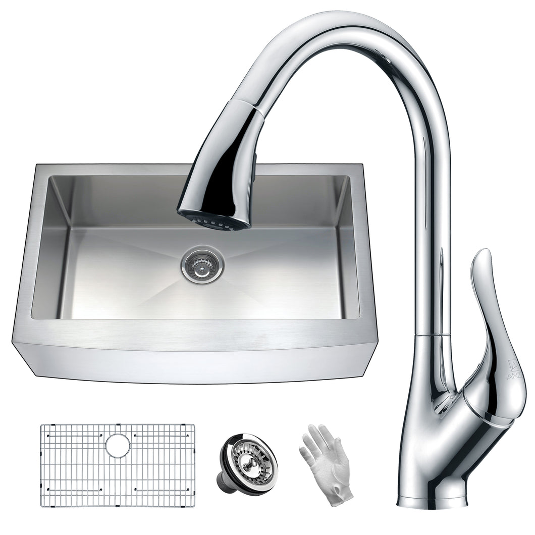 Elysian Farmhouse 36 in. Single Bowl Kitchen Sink with Faucet in Polished Chrome- Anzzi