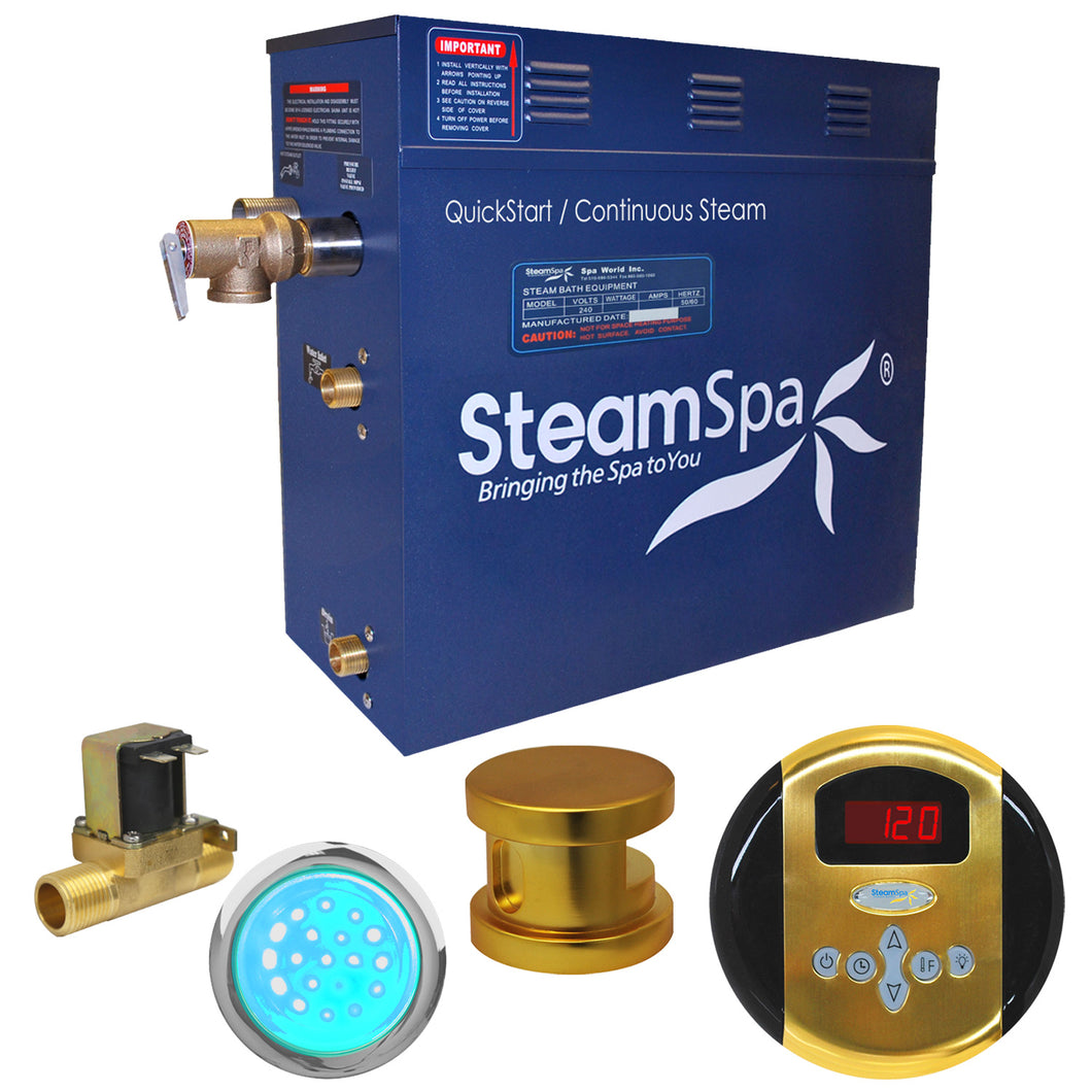 SteamSpa Indulgence 4.5 KW QuickStart Acu-Steam Bath Generator Package with Built-in Auto Drain in Polished Gold- SteamSpa