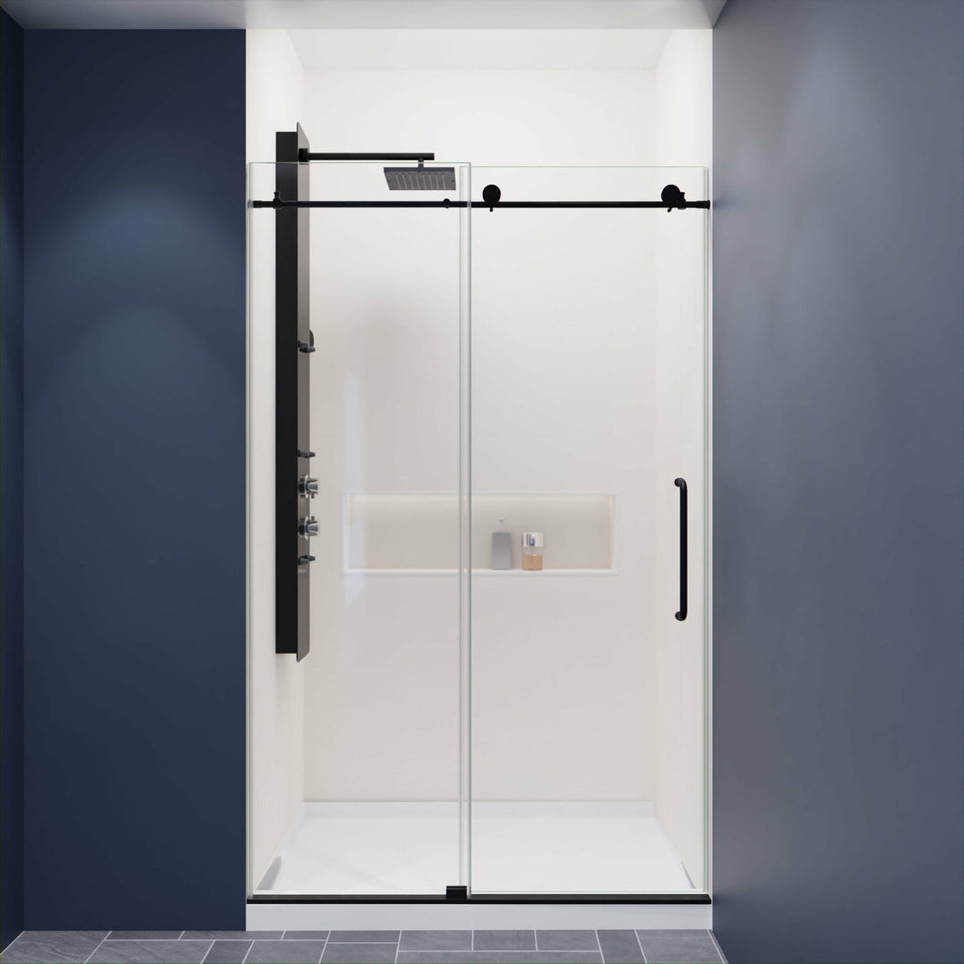 Leon Series 48 in. by 76 in. Frameless Sliding Shower Door in Matte Black with Handle- Anzzi