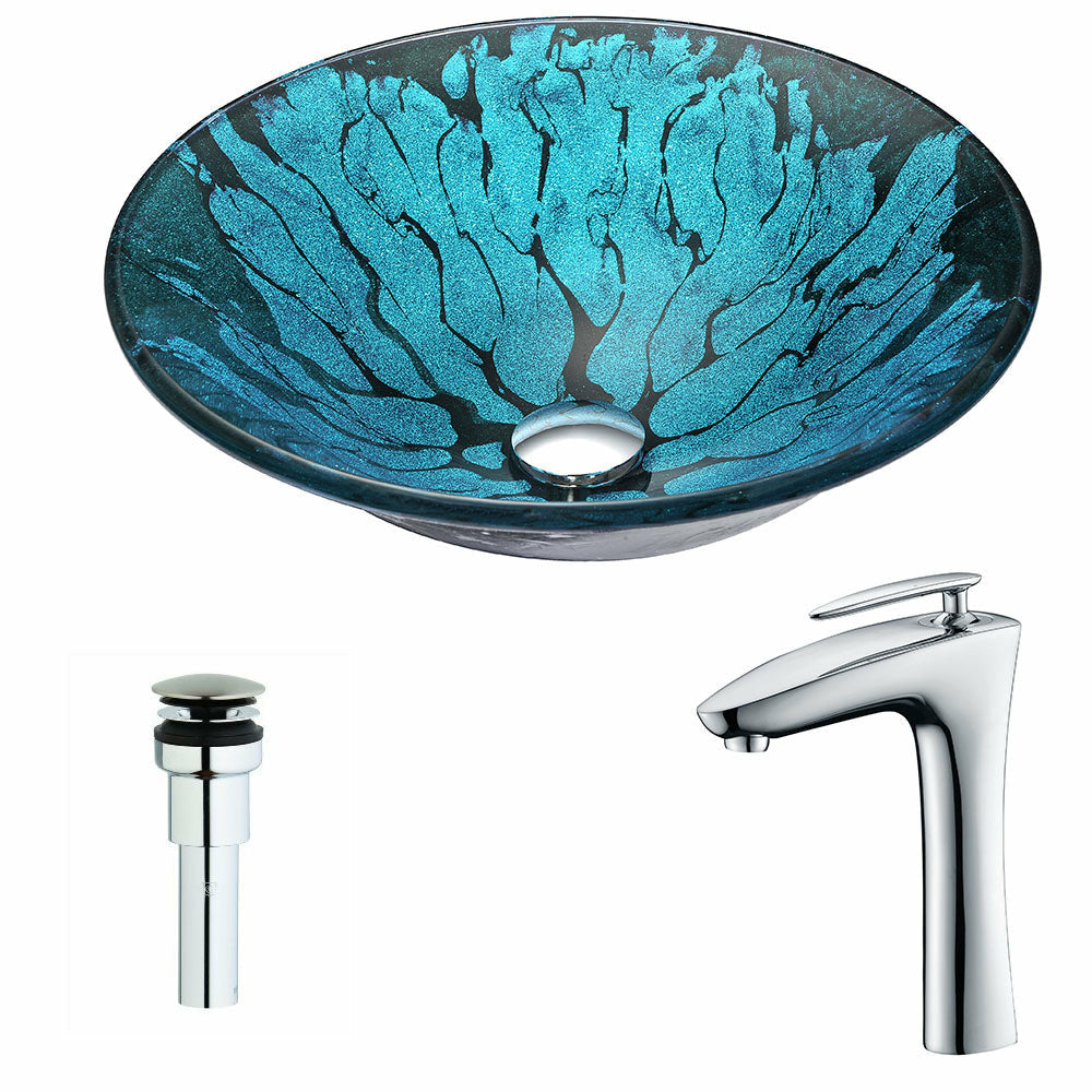 Key Series Deco-Glass Vessel Sink in Lustrous Blue and Black with Crown Faucet in Chrome- Anzzi