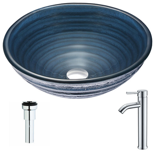 Tempo Series Deco-Glass Vessel Sink in Coiled Blue with Fann Faucet in Polished Chrome- Anzzi