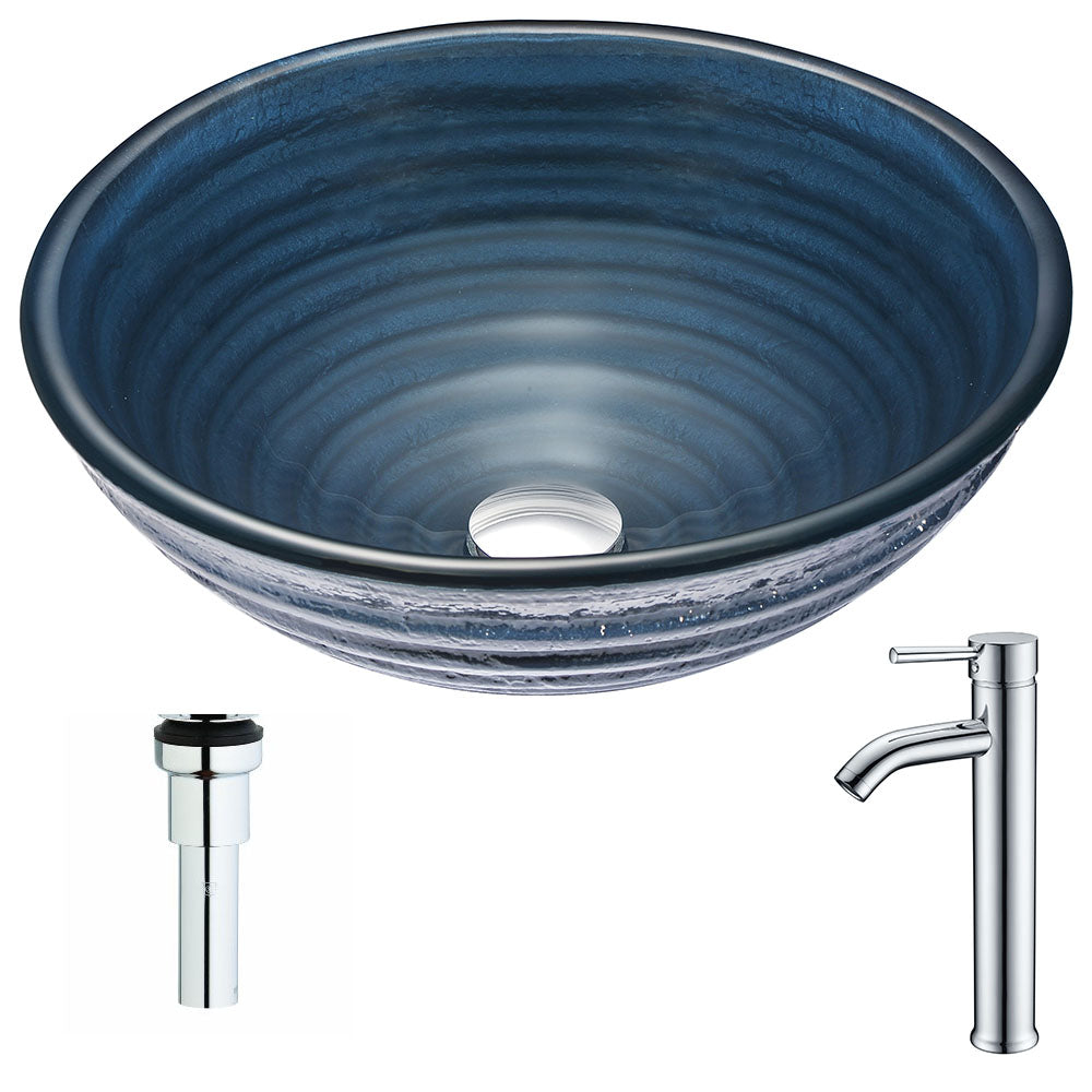 Tempo Series Deco-Glass Vessel Sink in Coiled Blue with Fann Faucet in Polished Chrome- Anzzi