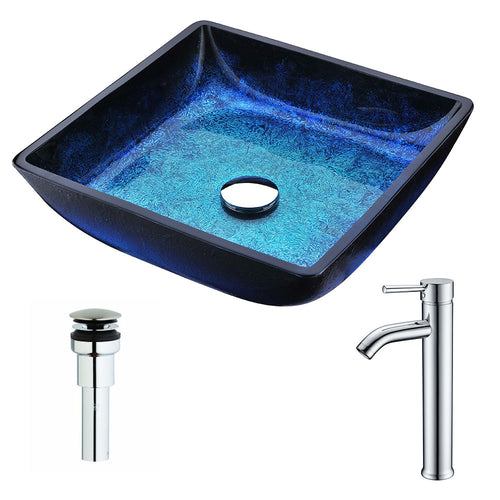 Viace Series Deco-Glass Vessel Sink in Blazing Blue with Fann Faucet in Chrome- Anzzi