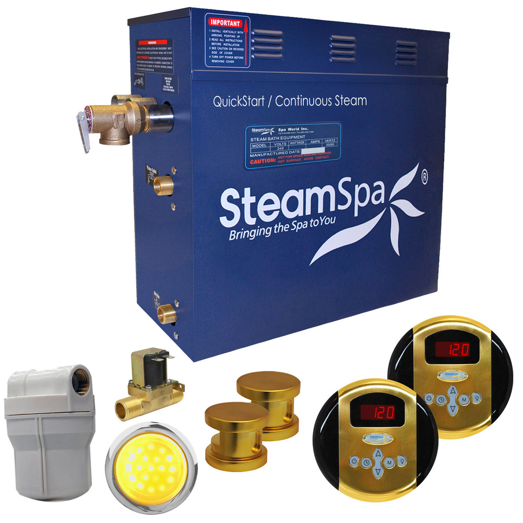 SteamSpa Royal 10.5 KW QuickStart Acu-Steam Bath Generator Package with Built-in Auto Drain in Polished Gold- SteamSpa