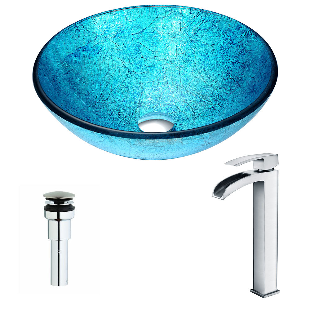 Accent Series Deco-Glass Vessel Sink in Blue Ice with Key Faucet in Polished Chrome- Anzzi