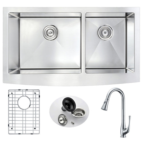 Elysian Farmhouse 33 in. Double Bowl Kitchen Sink with Singer Faucet in Polished Chrome- Anzzi