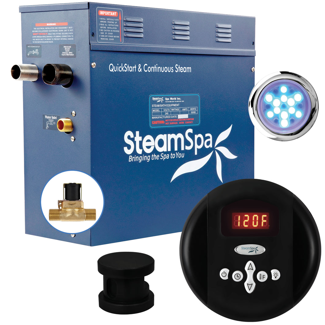 SteamSpa Indulgence 4.5 KW QuickStart Acu-Steam Bath Generator Package with Built-in Auto Drain in Matte Black- SteamSpa