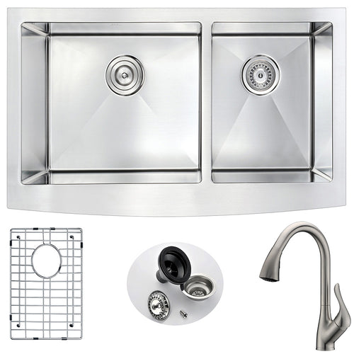 Elysian Farmhouse 36 in. Double Bowl Kitchen Sink with Accent Faucet in Brushed Nickel- Anzzi