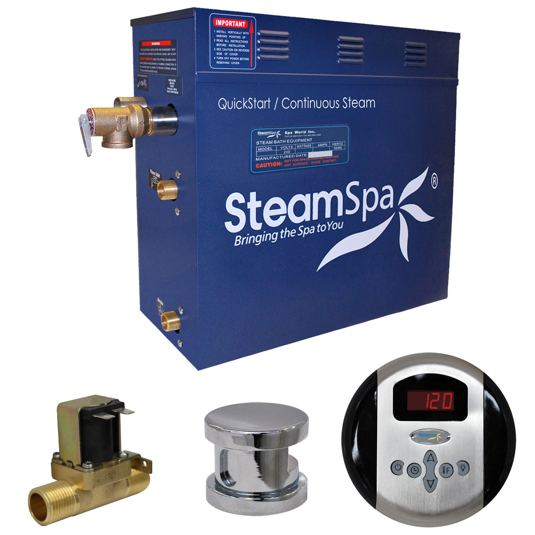 SteamSpa Oasis 9 KW QuickStart Acu-Steam Bath Generator Package with Built-in Auto Drain in Polished Chrome- SteamSpa