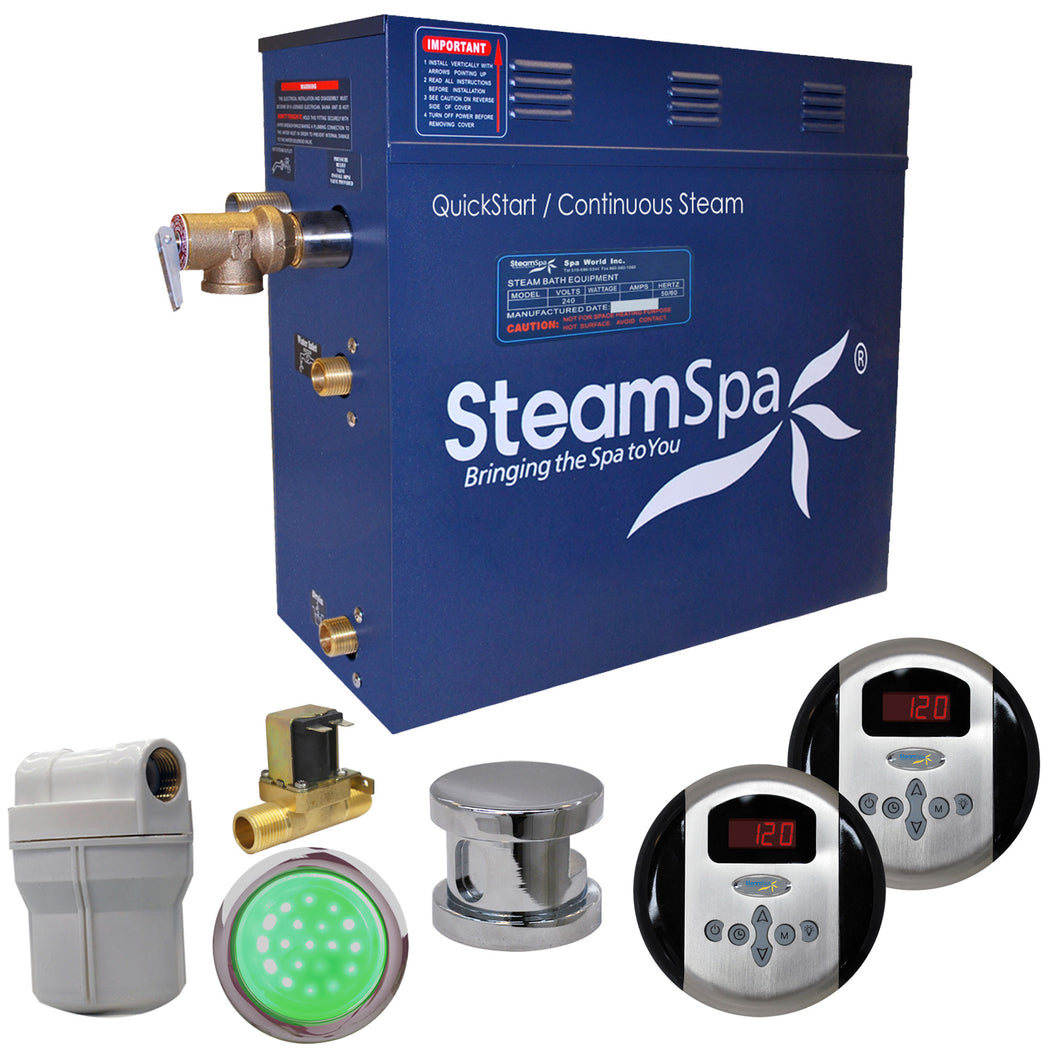 SteamSpa Royal 9 KW QuickStart Acu-Steam Bath Generator Package with Built-in Auto Drain in Polished Chrome- SteamSpa
