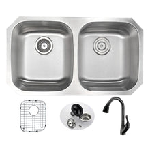 Load image into Gallery viewer, MOORE Undermount 32 in. Double Bowl Kitchen Sink with Accent Faucet in Oil Rubbed Bronze- Anzzi
