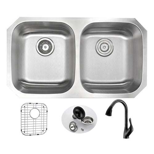 MOORE Undermount 32 in. Double Bowl Kitchen Sink with Accent Faucet in Oil Rubbed Bronze- Anzzi